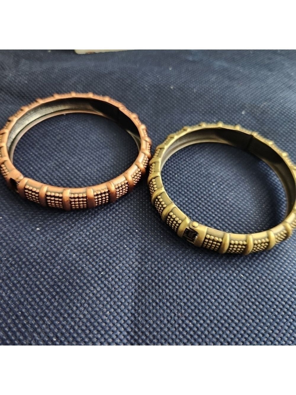Pair of Cookie Lee Hinged Bangles, Dark Olive & Copper metal, SZ 2.5" L
